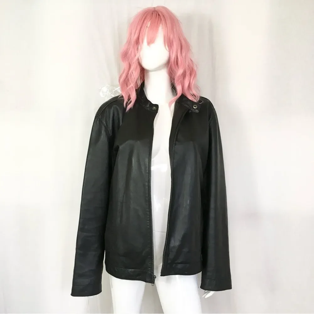 INC Black 100% Genuine Leather Center Zipper Motorcycle Jacket L